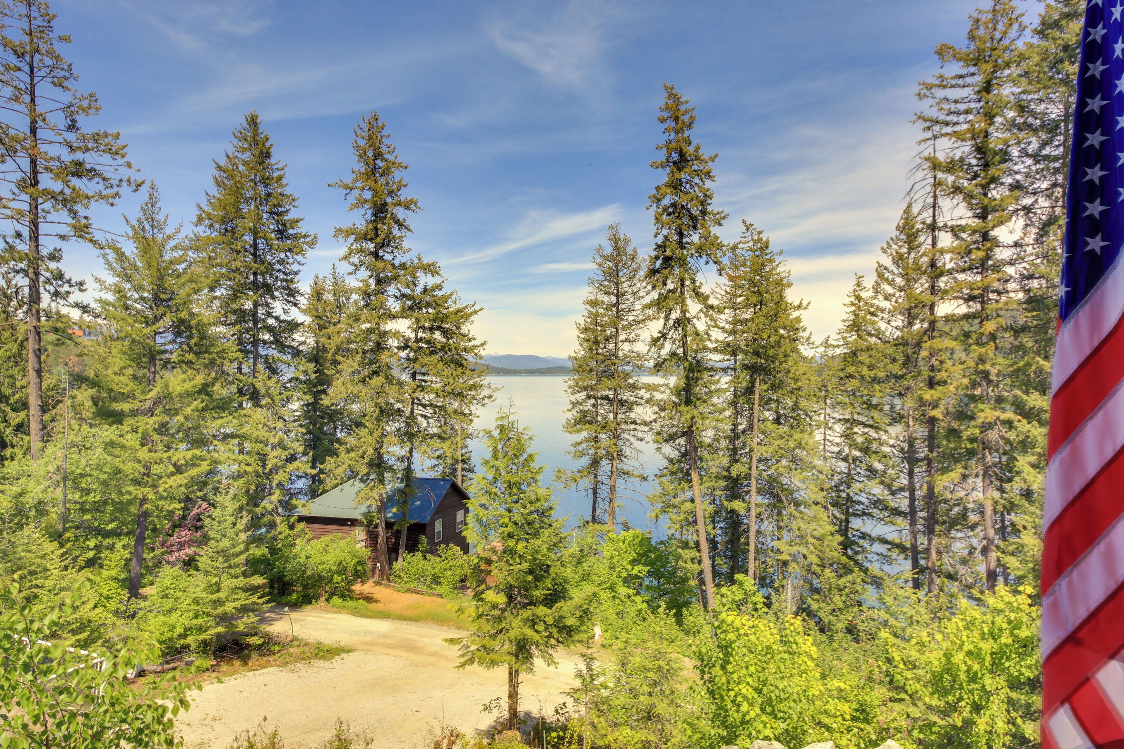 A cabin surrounded by tall trees and a lake, with an American flag visible.