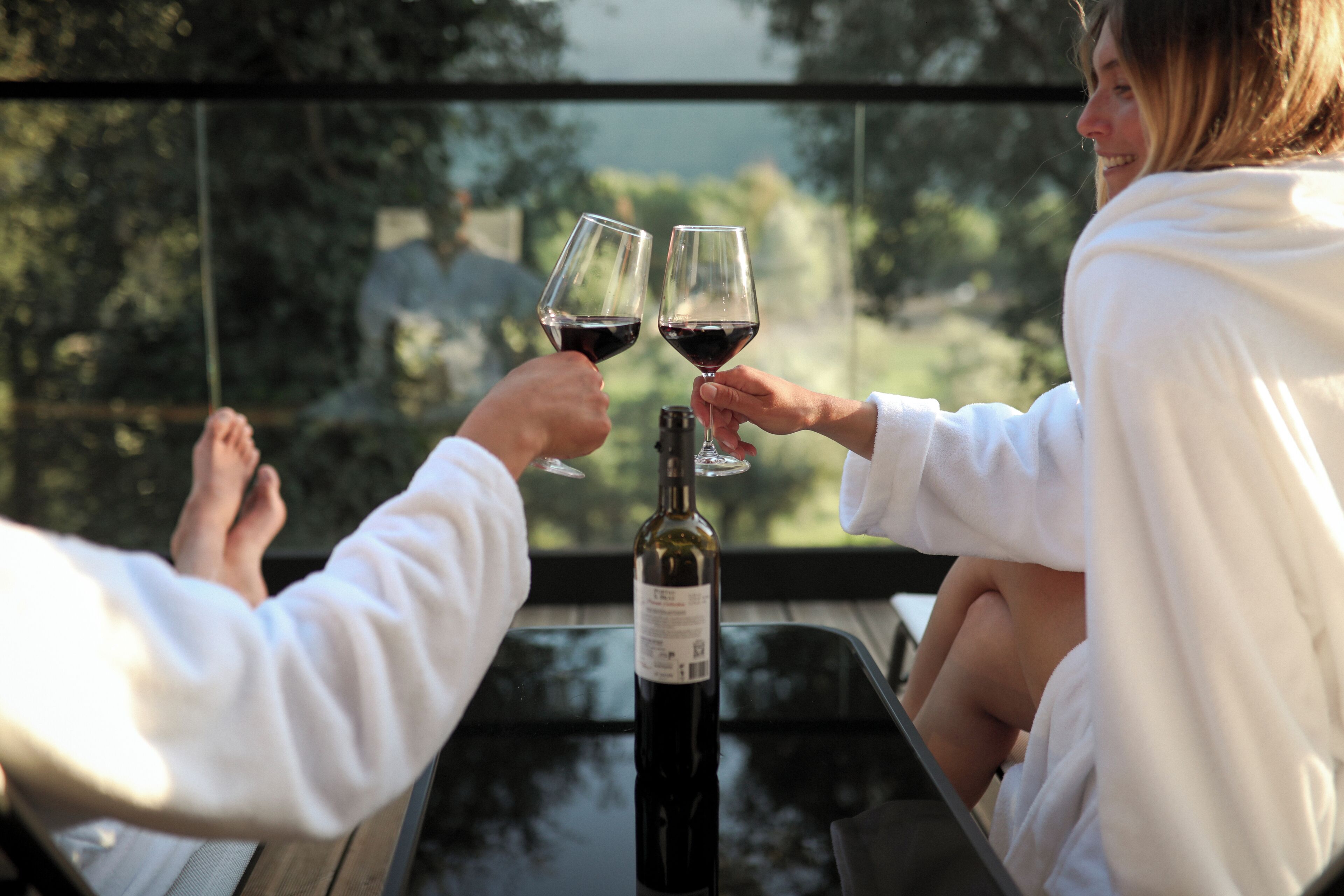 Two people toasting with wine glasses, seated at a table with a bottle of wine in front of them.