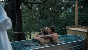 Una coppia che si abbraccia in una vasca idromassaggio con luci a stringa sospese, circondata da alberi.