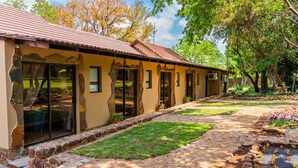 Un edificio con un camino de piedra que lleva a una puerta, rodeado de follaje y árboles.
