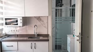 A modern kitchen with a built-in microwave, a sink, and a glass shower enclosure.