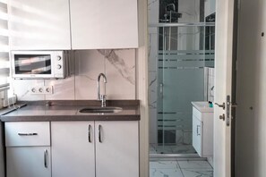KĂŒhlschrank, Mikrowelle, Herdplatte, Wasserkocher mit Kaffee-/Teezubehör