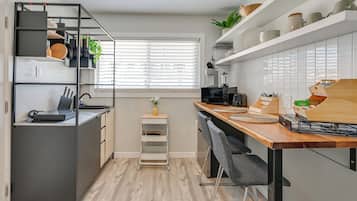 Fridge, microwave, coffee/tea maker, toaster