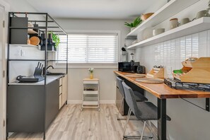 Fridge, microwave, coffee/tea maker, toaster