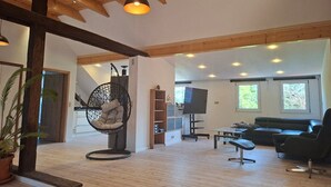 A spacious living area with a high ceiling, wooden beams, a hanging chair, a sofa, a TV, and large windows.