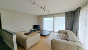 A modern living room with two sofas, a coffee table, a flat-screen TV, and a large window with curtains. - Family Apartment in Groenendijk (OOSTDUINKERKE)