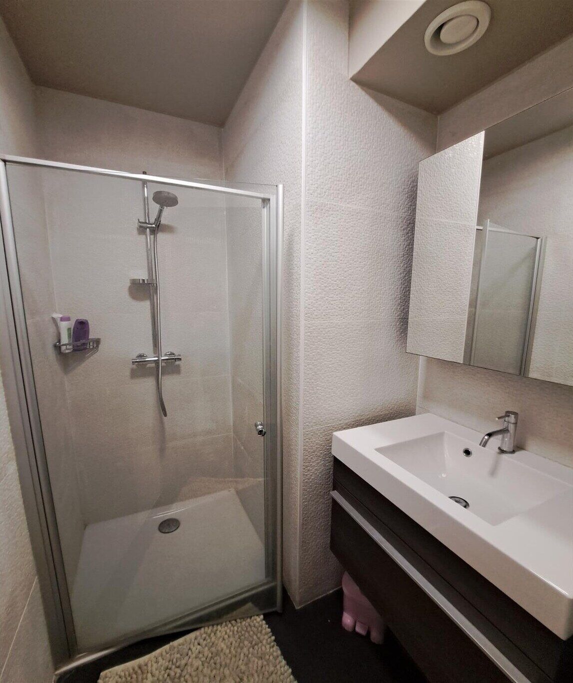 A bathroom with a glass-enclosed shower, a white sink, a mirror, and a towel rack.