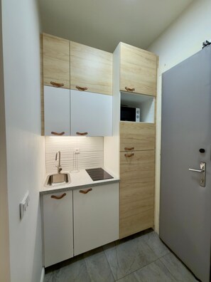 Fridge, microwave, stovetop, coffee/tea maker - Heřmanova residence apartment (Prague)