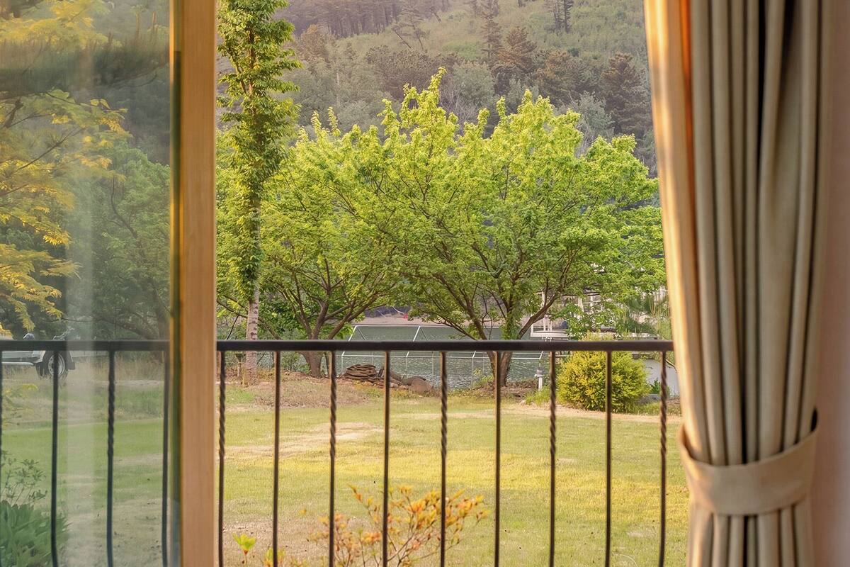 Vista a través de una ventana con barandilla metálica, un área con césped y árboles al fondo.