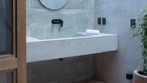 Een moderne badkamer met een betonnen muur, een ronde spiegel, een wastafel en een plant in een pot.