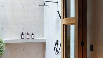 Une salle de bain moderne avec une douche, une porte en bois, une petite étagère avec des bouteilles et une plante en pot.