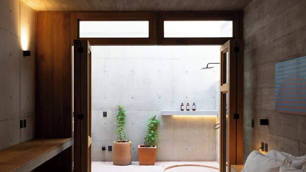 Een moderne slaapkamer met een bed, een houten bankje, potplanten en een badkamer met een wastafel en douche.