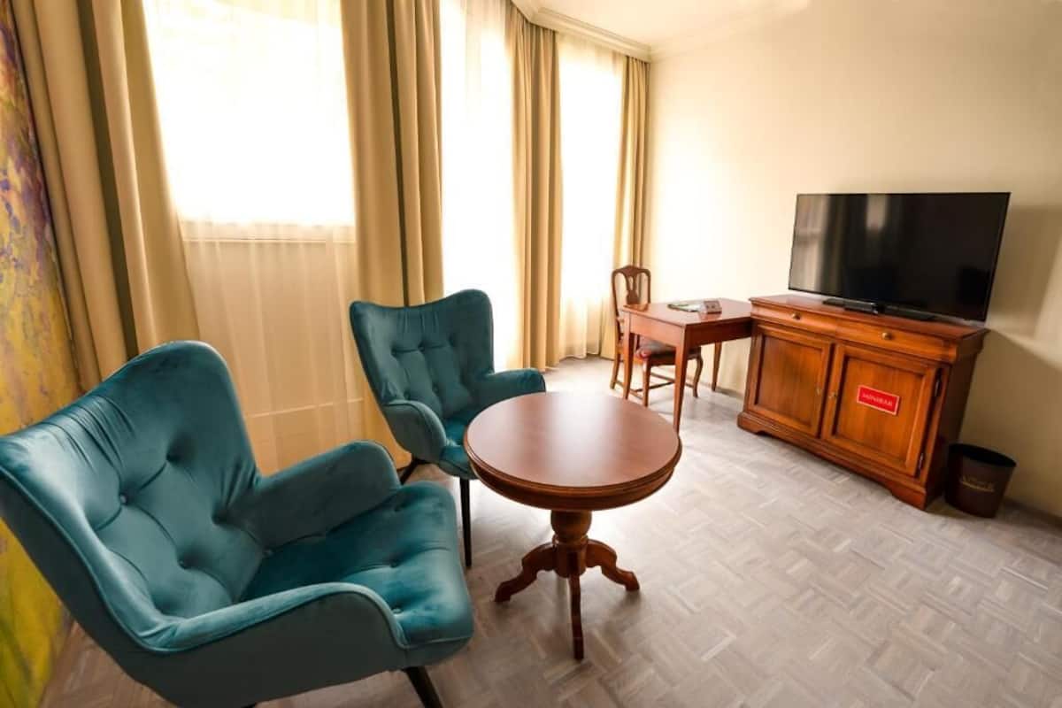 Chambre double, balcon, vue sur la ville | Aire de séjour