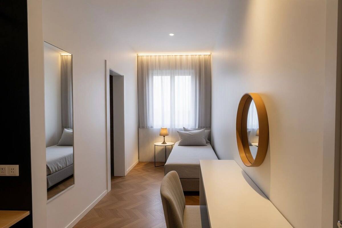 Una habitación de hotel moderna con cama, mesita de noche, lámpara y un espejo en la pared.