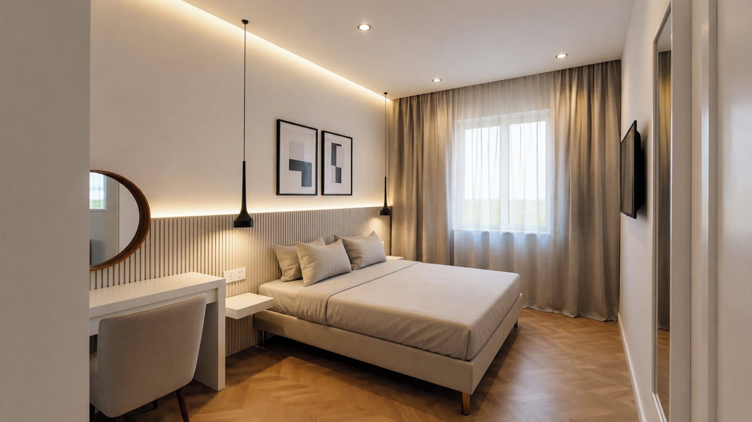 Een moderne slaapkamer met een bed, nachtkastje, stoel en een groot raam met gordijnen.
