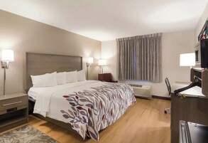 Una habitación de hotel con cama, mesitas de noche, un escritorio y una ventana con cortinas.