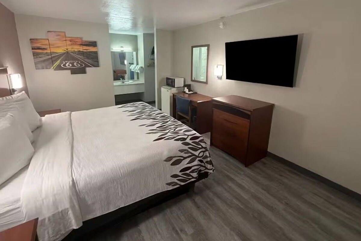 A hotel room with a bed, a desk, a TV, and a mirror.