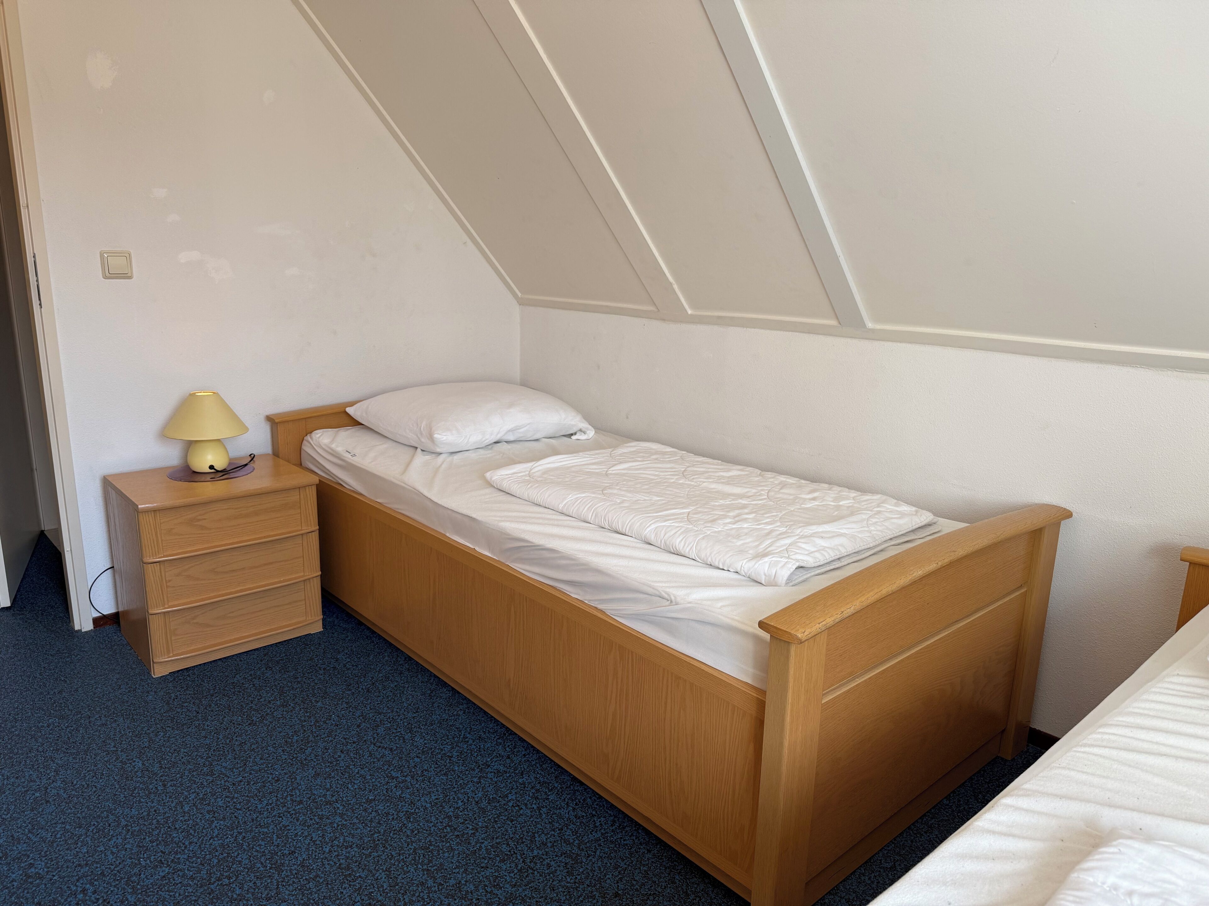 Quarto individual com cama de madeira, mesa de cabeceira com luminária e piso coberto por carpete.