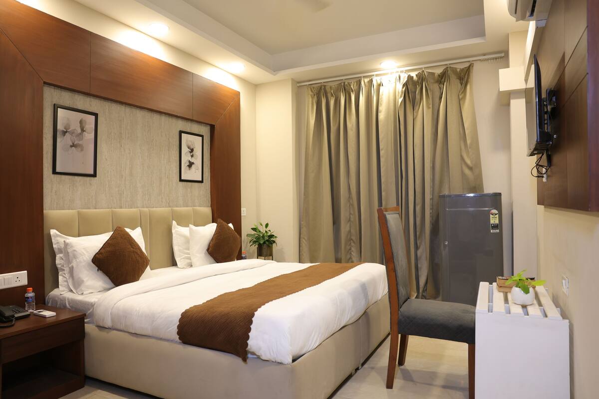 Habitación de hotel con cama, mesita de noche, televisión, cortinas y una pequeña planta.