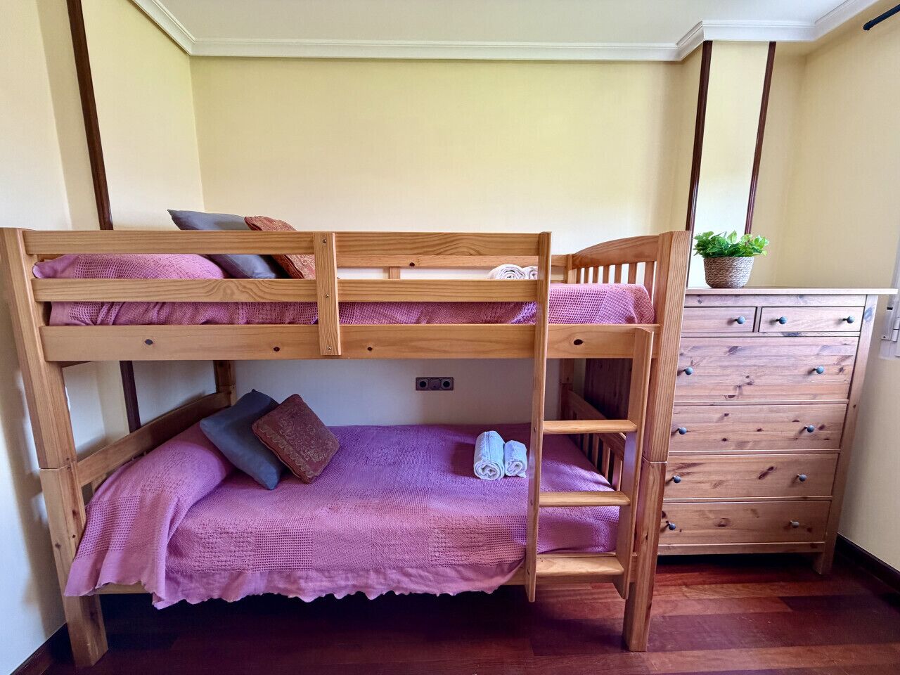 Une chambre avec un lit superposé, une commode en bois et une plante en pot.