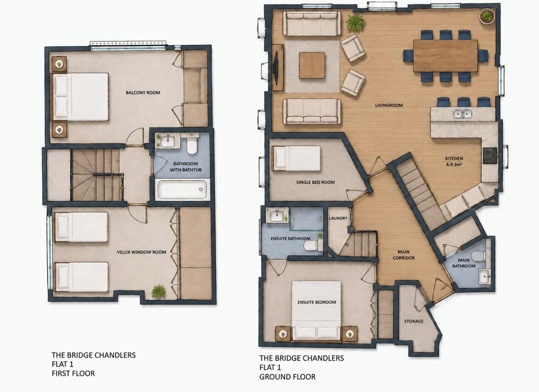 A 1-bedroom apartment layout with a balcony, living room, kitchen, bathroom, and storage space.