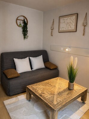 A living room with a grey sofa, a wooden coffee table, a white rug, and wall-mounted decor including a plant and a framed picture. - Charming cosy Studio in the heart of Aix - Ideal cocoon 🌿 (Aix-les-Bains)