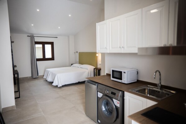 A compact hotel room with a bed, a washing machine, a microwave, and a sink.