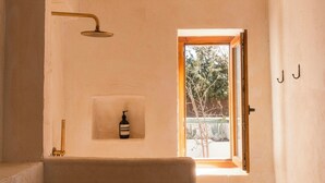 Une salle de bain avec une douche, une fenêtre et un distributeur de savon.