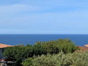 A coastal view with a clear sky, a body of water, and dense greenery in the foreground. - Santa Giulia - SOLENZARA (SOLENZARA)
