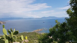 Un paysage côtier avec un cactus au premier plan, un bateau sur l’eau et des montagnes à l’horizon.