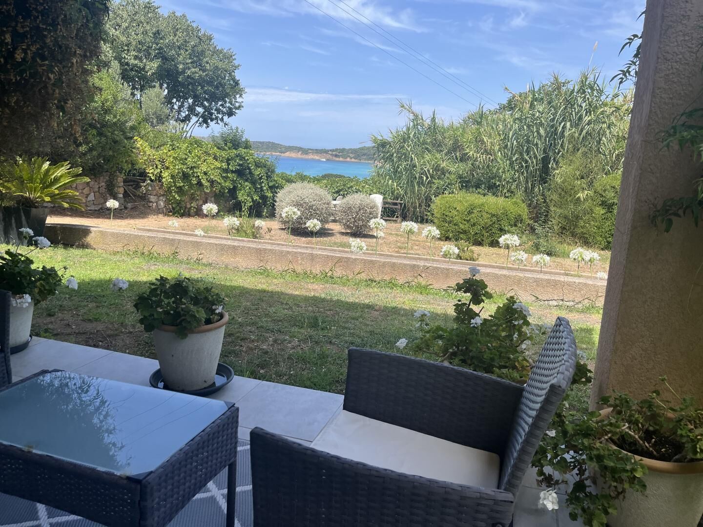 Une terrasse dotée de meubles en osier, de plantes en pot et offrant une vue sur un paysage côtier.