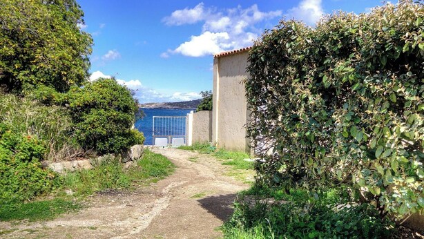 Un camino rural que lleva a un edificio con una reja de metal, rodeado de vegetación y un cielo despejado.