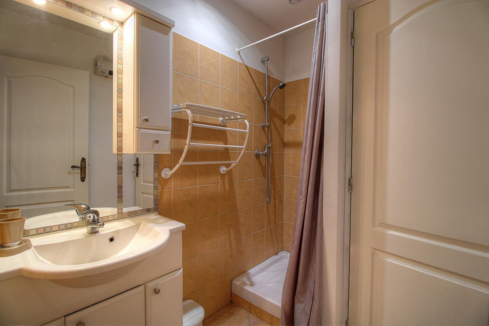 Ein Badezimmer mit Waschbecken, Spiegel, Handtuchhalter, Dusche und einer Tür.