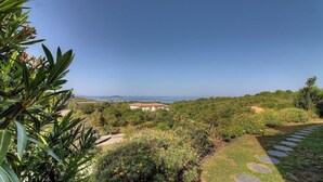 Eine Küstenlandschaft mit einem Gebäude, viel Grün und blauem Himmel.