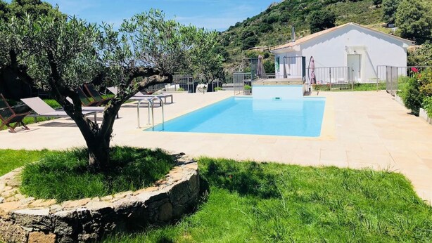 Une piscine bordée de pierres, un bâtiment blanc et un arbre dans un espace paysager.