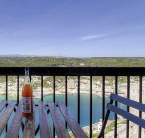 Ein Getränk in einer Flasche auf einem Holztisch mit Blick auf eine Küstenlandschaft.