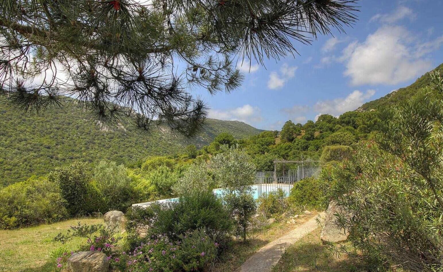 Zona de piscina rodeada de exuberante vegetación y colinas.