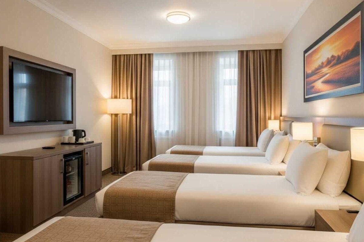 Habitación de hotel con dos camas, televisión, minibar y un cuadro en la pared.
