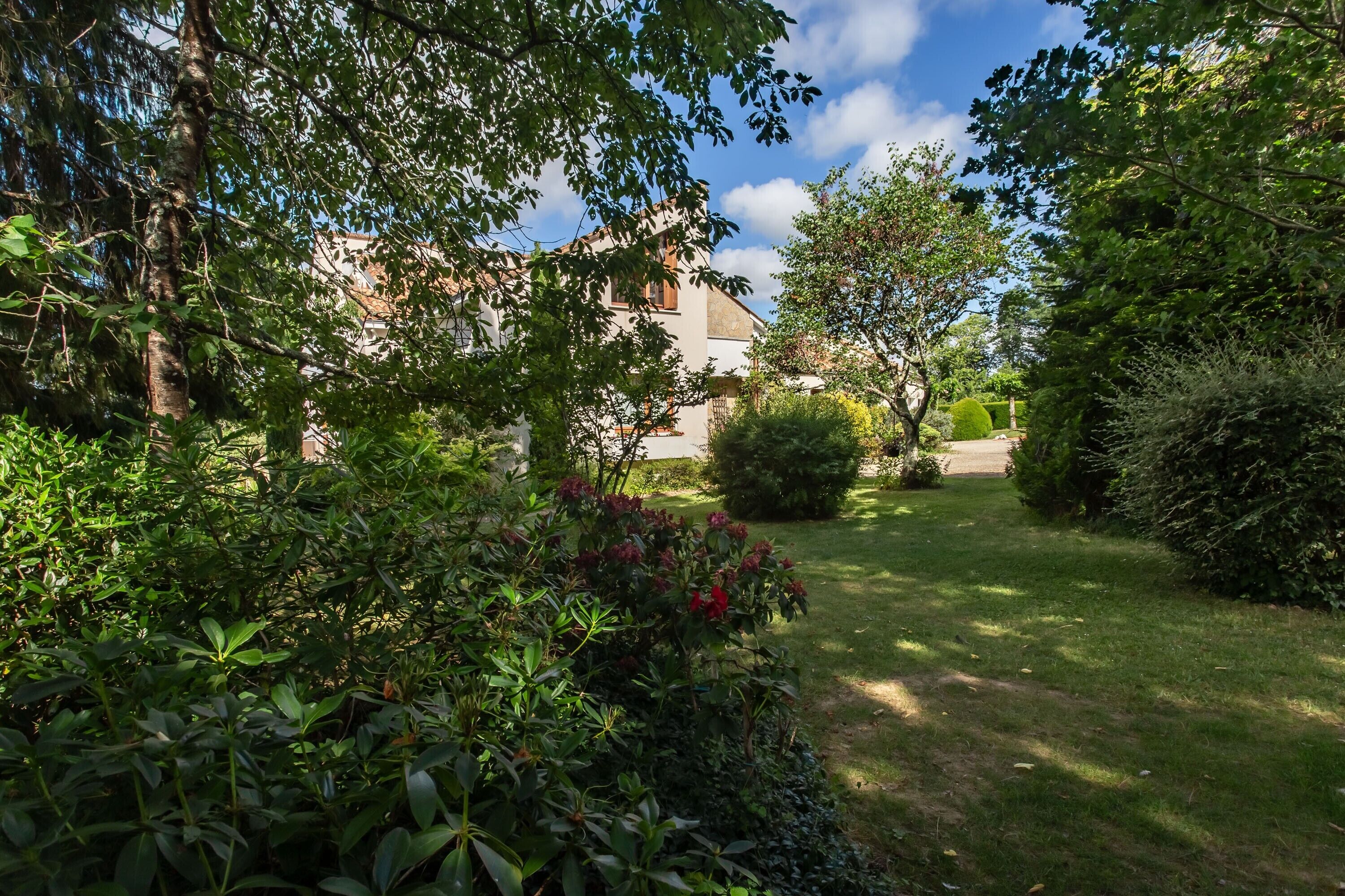 A well-maintained garden with a variety of plants and a pathway leading to a building.