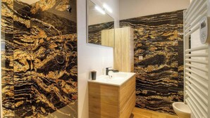 A bathroom with a marble wall, a sink, a mirror, and a toilet. - Villa Bella Vista - SAN GAVINO DI CARBINI (SAN GAVINO DI CARBINI)