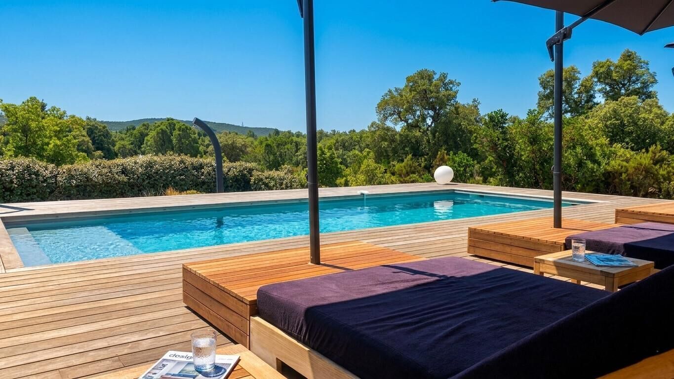 Ein Poolbereich mit Holzterrasse, Liegestühlen und Blick ins umliegende Grün.