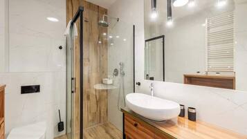 Shower, hair dryer, towels, shampoo