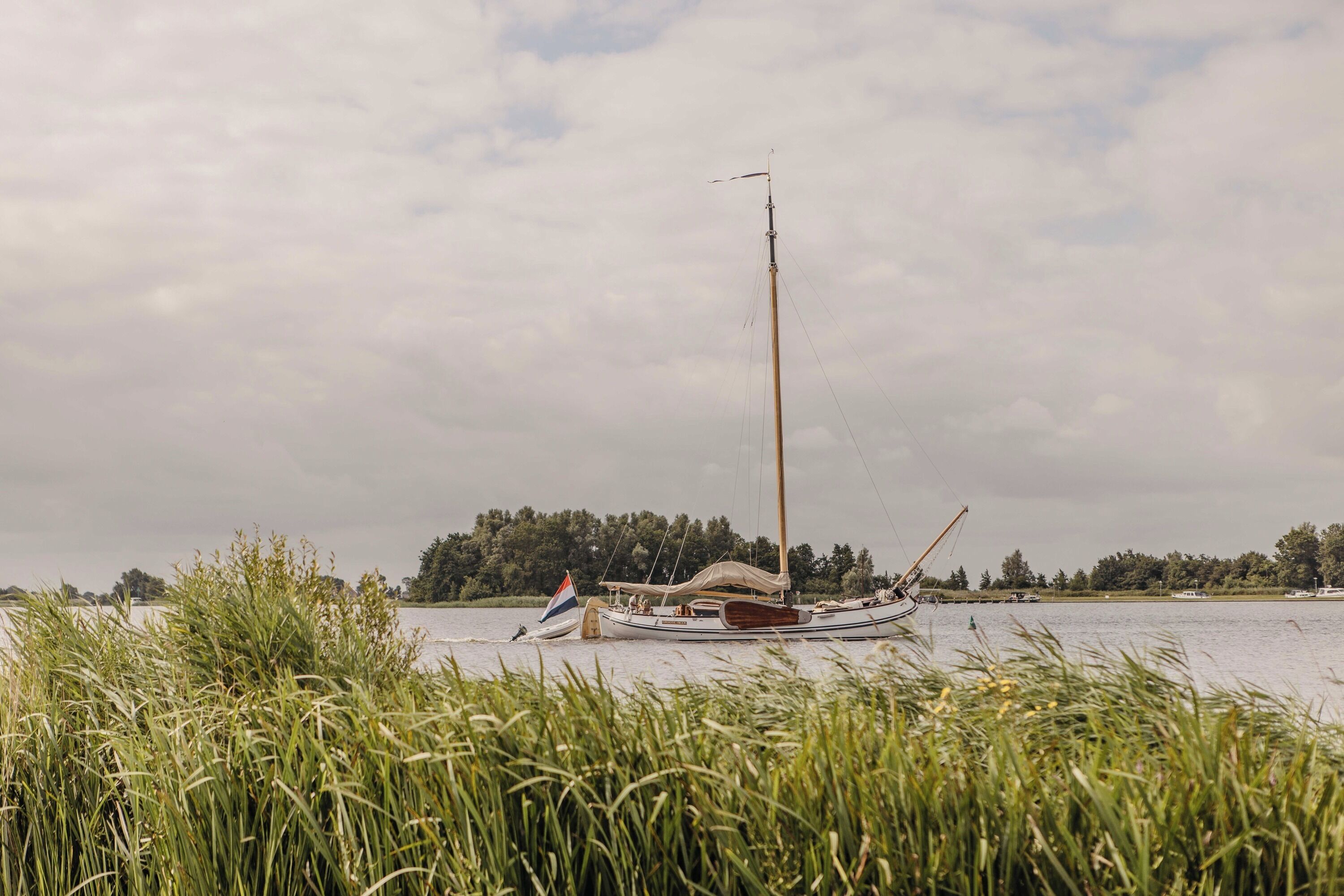 En segelbåt på stilla vatten med en skogbeklädd kust i bakgrunden.