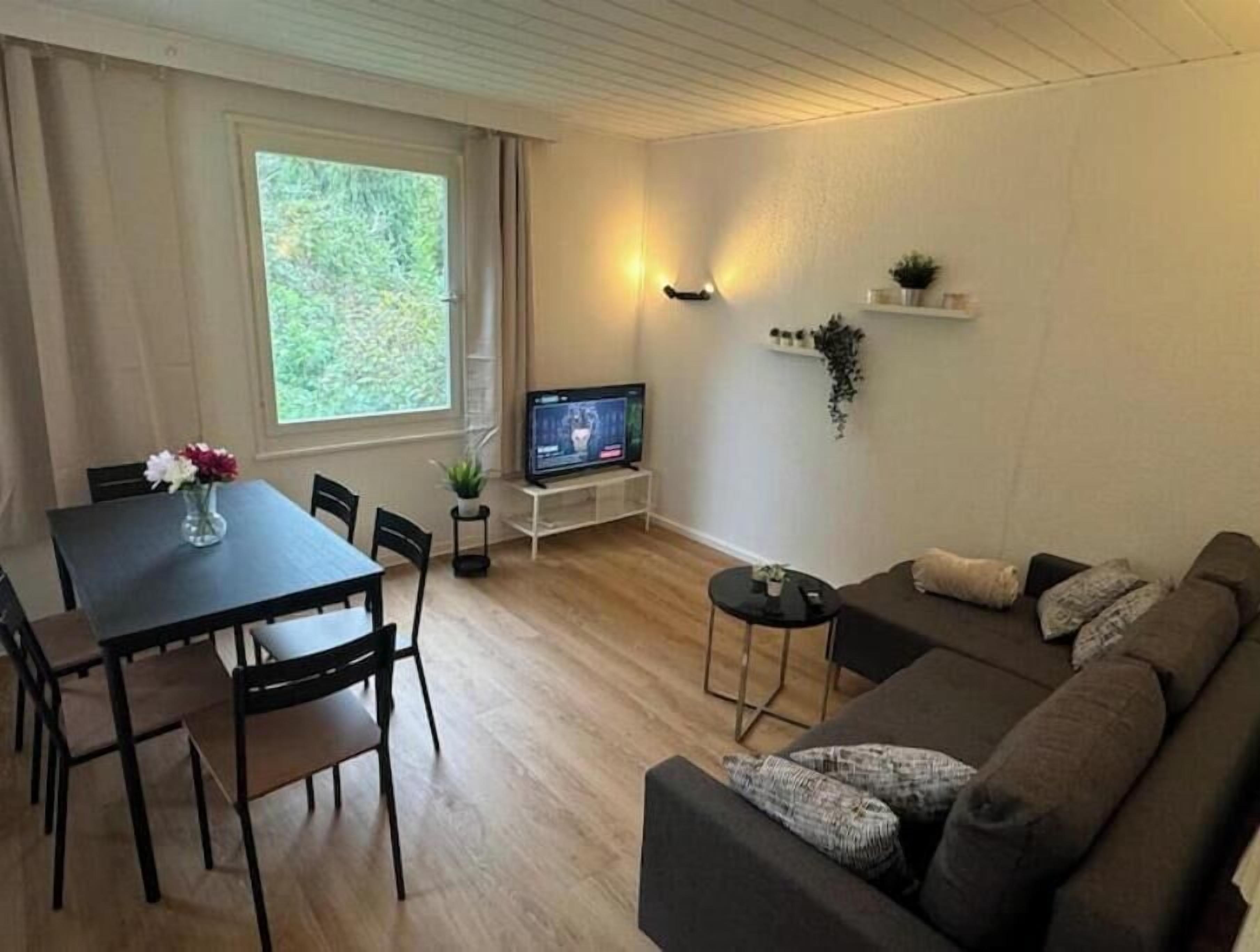 A living room with a dining table, sofa, TV, and a window with curtains.