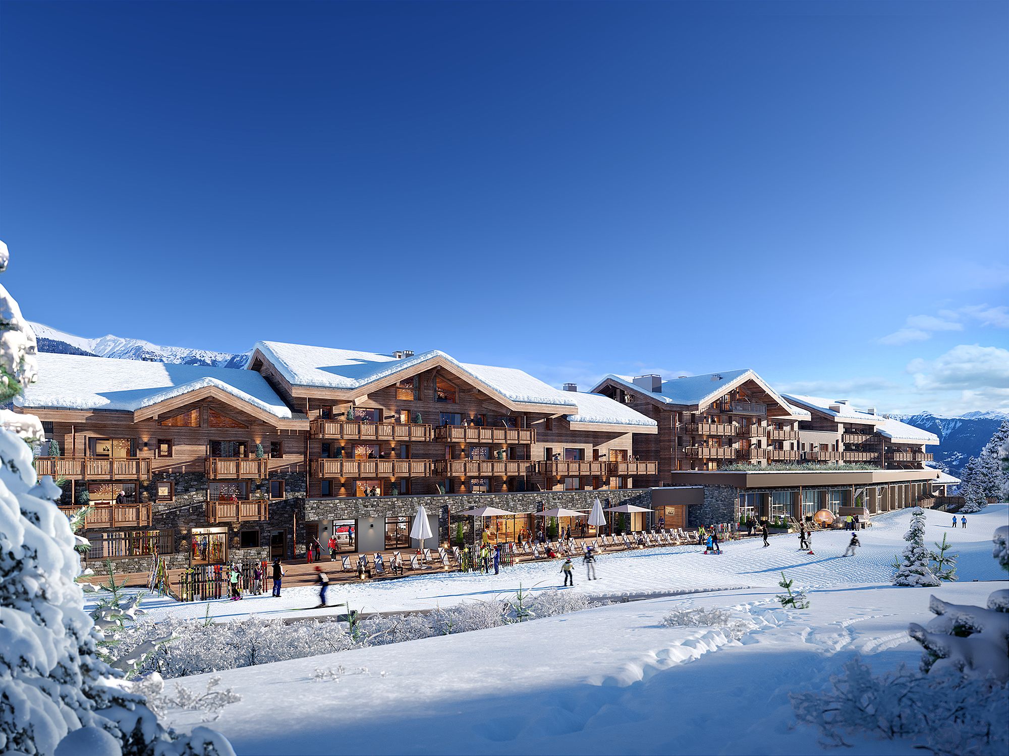 A multi-story wooden lodge with balconies, ski equipment, and a snowy mountain backdrop.