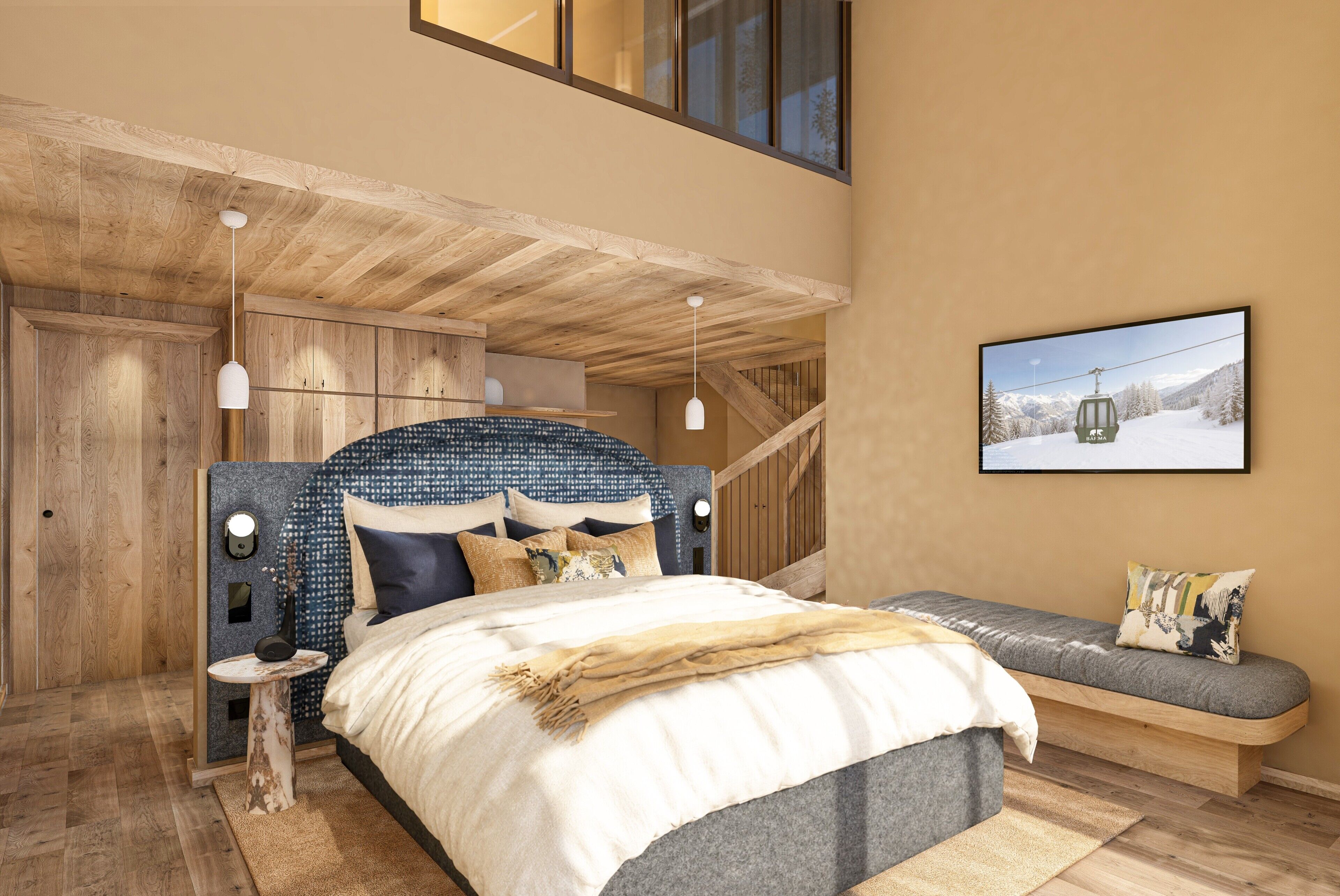 A bedroom with a bed, bedside table, bench, and a picture of a ski lift.
