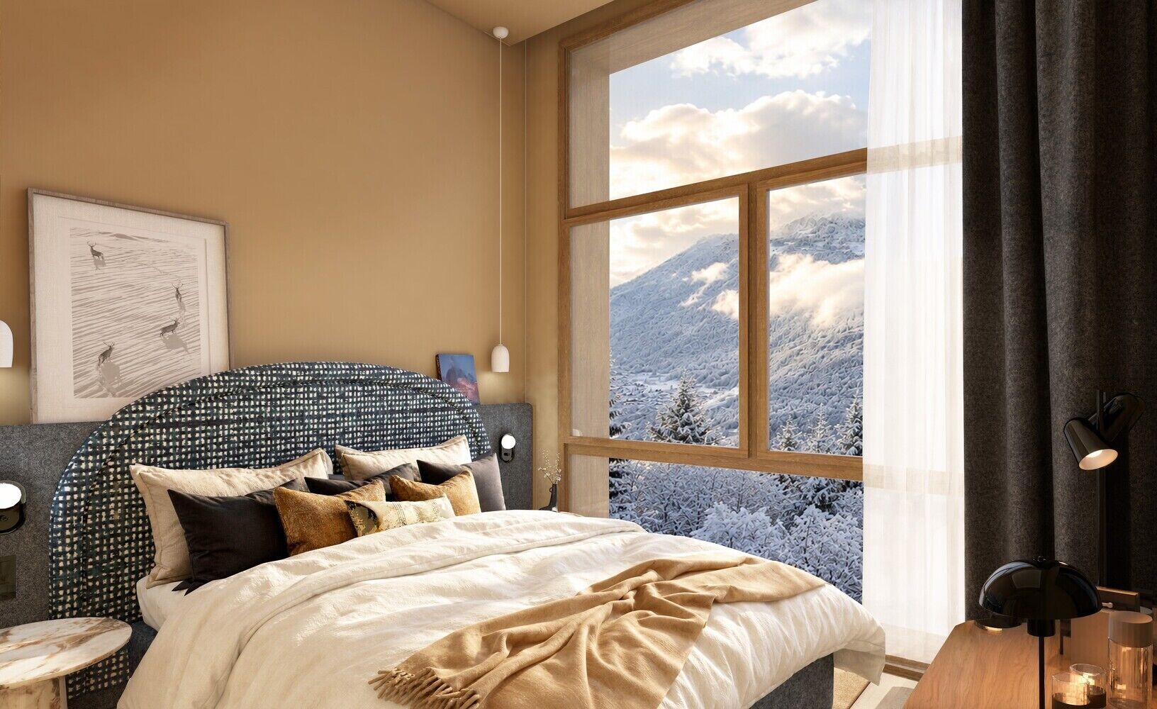 Un dormitorio con cama, una ventana grande con vista a la montaña, una mesita de noche y una lámpara de pared.