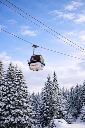 A cable car labeled 'COURCHEVEL' suspended between power lines, surrounded by snow-covered trees. - Hotel Barma Courchevel (Courchevel)