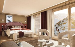 Ein modernes Hotelzimmer mit einem großen Bett, einer Sitzecke mit Tisch und Stühlen sowie einem Balkon mit Blick auf die Berge.
