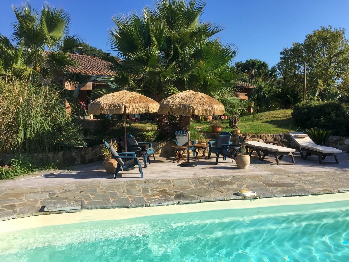 A poolside area with lounge chairs, a thatched umbrella, and a stone patio.